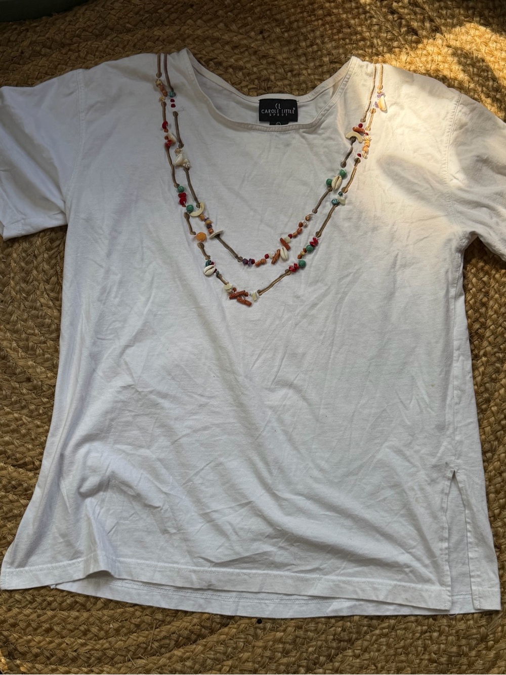 Carole Little Cream Short Sleeve Tee with Multi-Color Beaded Detail